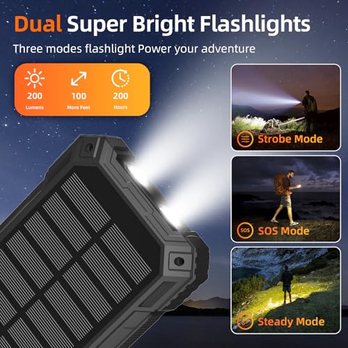 Solar Charger Power Bank 49800mAh Wireless Portable Phone Charger, 22.5W QC3.0 Fast Charging Built in 4 Cables with USB C 6 Outputs & 2 Inputs for All Cell Phone - color: Black