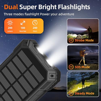Solar Charger Power Bank 49800mAh Wireless Portable Phone Charger, 22.5W QC3.0 Fast Charging Built in 4 Cables with USB C 6 Outputs & 2 Inputs for All Cell Phone - color: Black