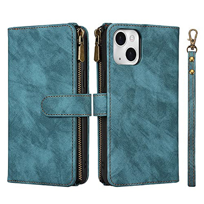 iCoverCase Compatible with iPhone 13 Wallet Phone Case with Card Holder, PU Leather Zipper Pocket Magnetic Detachable Flip Case with Wrist Strap (Blue) - color: Detachable--Blue