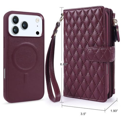 for iPhone 17 Pro Max Case Wallet,Compatible with MagSafe 2 in 1 Magnetic Detachable PU Leather RFID Blocking Wallet Cover Card Holder Zipper Wrist Strap Lanyard,Quilted Wine Red - color: Quilted Wine Red, size: iPhone 17 Pro Max