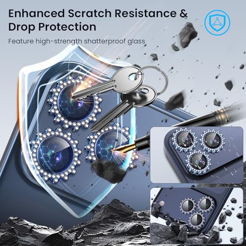 Compatible for iPhone 17 Pro/17 Pro Max Camera Lens Protector, Explosion-Proof 9H Tempered Glass with Diamond Gear Metal Ring, HD Anti-Scratch Lens Protection Decoration Accessories (Blue)