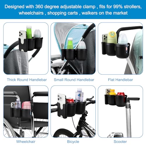 Accmor Stroller Cup Holder with Phone Holder, Bike Cup Holder, Universal Cup Holder for Uppababy Nuna Strollers, 2-in-1 Drinks Holder for Walker, Wheelchair, Scooter - color: Double Holder-All Black