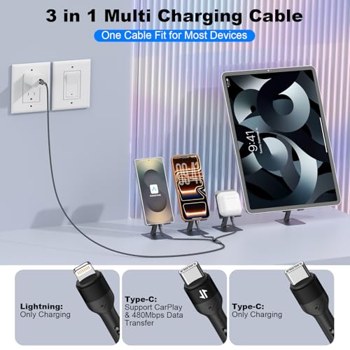 ANSEIP Multi Charging Cable, 3 in 1 Charging Cable for Multiple Devices - color: Grey