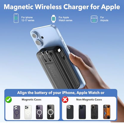 Magnetic Portable Charger 10000mAh for iPhone with Built-in Cables and Wall Plug,Wireless Power Bank with iWatch Charger,LCD Display 22.5W Fast Charging Battery Pack for iPhone 17/16/15/14/13 (Black) - color: Black