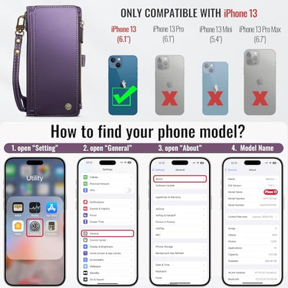 Defencase for iPhone 13 Wallet Case with RFID Blocking Card Holder, Purple | Durable Soft PU Leather, with Zipper Pocket, Wrist Strap, Fashion Snap Flip Phone Cases Cover with Stand for Women and Men - color: Purple