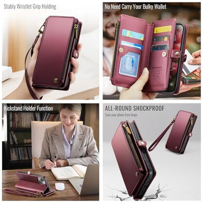 Defencase for iPhone 15 Wallet Case with RFID Blocking Card Holder, WineRed | Durable Soft PU Leather, with Zipper Pocket, Wrist Strap, Fashion Snap Flip Phone Cases Cover with Stand for Women and Men - color: Wine Red