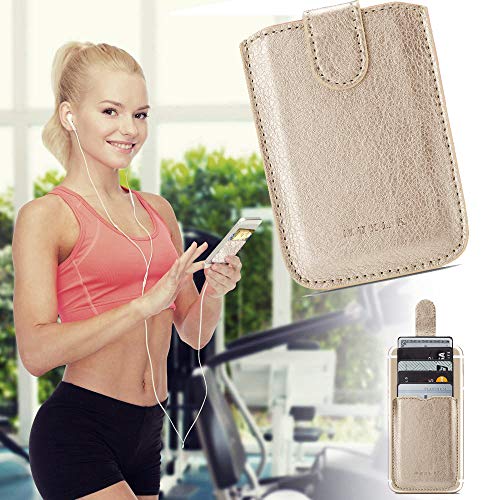 Phone Card Holder RFID Sleeve, PU Leather Stick-On Pull 5 Card Phone Wallet - color: Gold