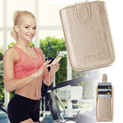 Phone Card Holder RFID Sleeve, PU Leather Stick-On Pull 5 Card Phone Wallet - color: Gold