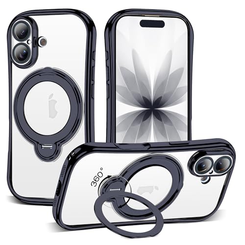 Clear Phone Case for iPhone 17 6.3", Black | Compatible with iPhone 17 Case with 360° Rotatable Magnetic Ring Stand Full Camera Lens Protector Plating Mag-safe Case - color: Black, size: Iphone 17