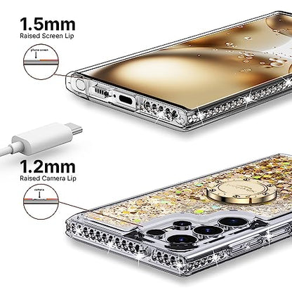Silverback for Samsung Galaxy S24 Ultra Case with Ring, Women Girls Bling Holographic Sparkle Glitter Cute Cover,Diamond Ring Protective Phone Case for Galaxy S24 Ultra - Clear Gold | Moving Liquid Holographic Sparkle Glitter, Kickstand, Bling Diamond Rin