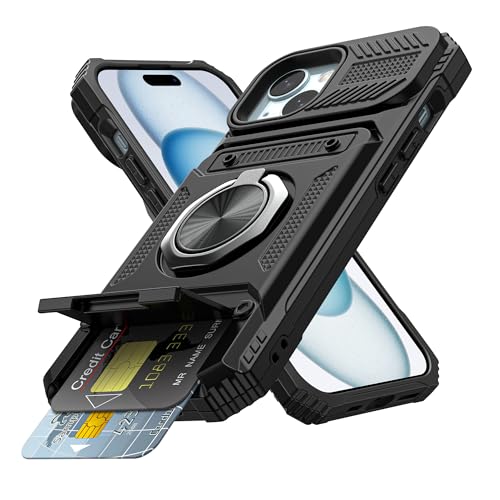 Vofolen for iPhone 15 Wallet Case with Card Holder [Store 2 Cards] Black | 360°Magnetic Rotated Ring Stand Dual Layer Heavy Duty Shockproof Drop Protection Wallet Phone Case for iPhone 15-6.1'' Black - color: Black