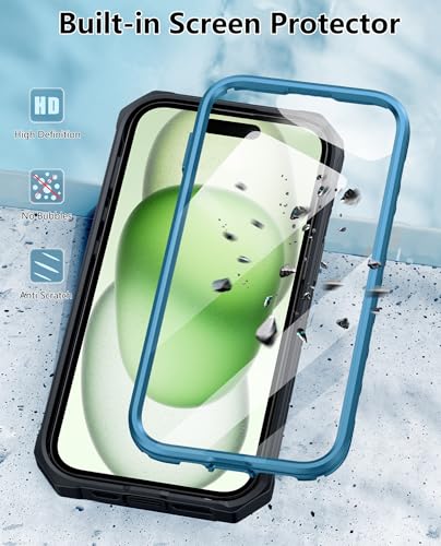 FNTCASE for iPhone 15 Case with Belt Clip and Built-in Screen Protector | Rugged Kickstand, 20FT Military-Grade Drop Protection, Full Body Heavy Duty Shockproof Holster, Hard Protective Cover - color: Blue