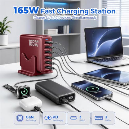 165W GaN Charging Station, 6-Port Desk Charging Station, Burgundy - color: Burgundy