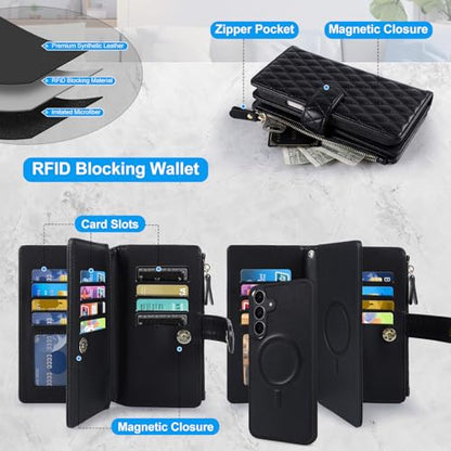 Harryshell Detachable Wallet Case for Samsung Galaxy S25 FE Compatible with Magsafe RFID Blocking Card Slots Removable Phone Cover Zipper Purse Kickstand Wrist Strap for Men Women Quilted Black - color: Quilted Black