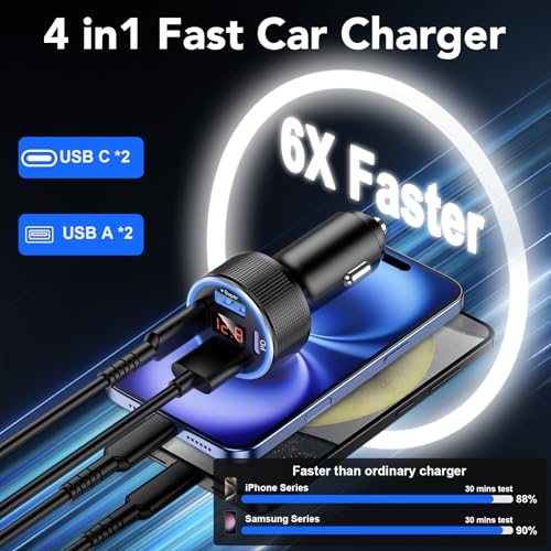 Car Charger USB C Fast Charge 78W 4-Port Cigarette Lighter USB Charger - color: Black-1Pc