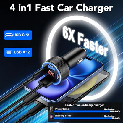Car Charger USB C Fast Charge 78W 4-Port Cigarette Lighter USB Charger - color: Black-1Pc