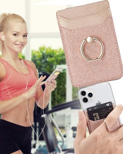 2Pcs RFID Phone Wallet Stick on Back of Phone Card Holder with Ring | Gold+Rosegold Glitter Sticky Phone Wallet for Credit Card/IDs/Pocket, Adhesive Phone Card Holder for iPhone, Videos - color: RoseGold Glittering