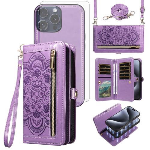 Asuwish Phone Case for iPhone 15 Pro 6.1 inch Zipper Wallet Magnetic Detachable Cell Cover with Tempered Glass Screen Protector Crossbody Strap Flower Card Holder Slot i Phone15 i15 15Pro Women Purple - color: Purple