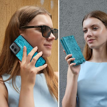 Harryshell Detachable Wallet Leather Case Compatible with Motorola Moto G 5G 2024 Magnetic Phone Case Zipper with Cash Coin Pocket Multi Card Slots Holder Wrist Strap Lanyard (Flower Blue Green) - color: Flower Blue Green, size: Moto G 5G 2024