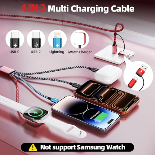 Travel Essentials 4 in 2 Multi Charging Cable for iWatch Charger 2Pack,5FT - color: Red&Black&Blue, size: AC to 2C+L+iWatch