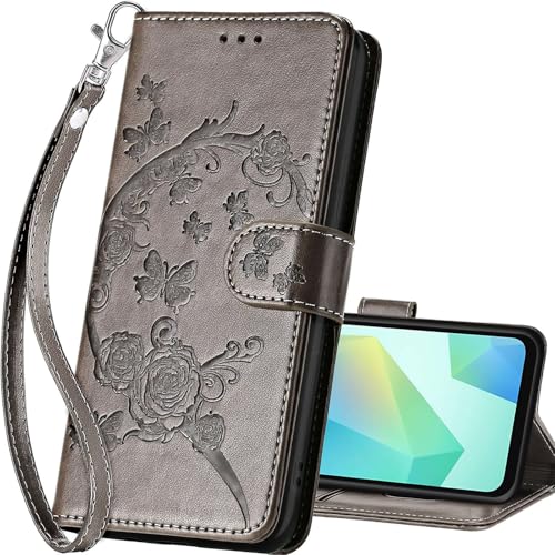for Samsung Galaxy A16 5G Wallet case, Gray Flower | 3 Card Holders, Kickstand, Shockproof TPU Shell, PU Leather, Magnetic Closure, Protective Flip Folio Cover, Women - color: 9