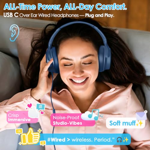 Active Noise Cancelling Headphones USB C Headphones Wired Over Ear-Blue - color: Dark blue