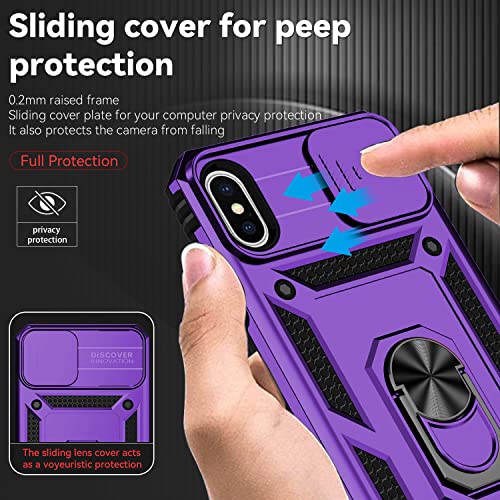 for iPhone XS Max Case with Camera Lens Cover HD Screen Protector, Dual Layer Military Grade Drop Protection Magnetic Ring Holder Kickstand Protective Phone Case for iPhone XS Max 6.5 inch (Purple) - color: Purple with camera cover Military-Grade 2nd gen