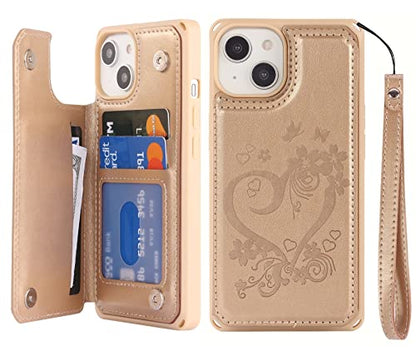 iCoverCase Compatible with iPhone 14 Wallet Phone Case with Card Holder for Women, RFID Blocking Embossed PU Leather Wrist Strap Case 6.1 Inch (Heart Gold) - color: H-Gold