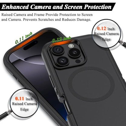 Compatible with iPhone 16 Pro Max Case, with Belt Clip Holster Heavy Duty Magnetic Wireless Charging Full Body Protection Kickstand Cover for iPhone 16 Pro Max 6.9 inch Phone（Black - color: Black