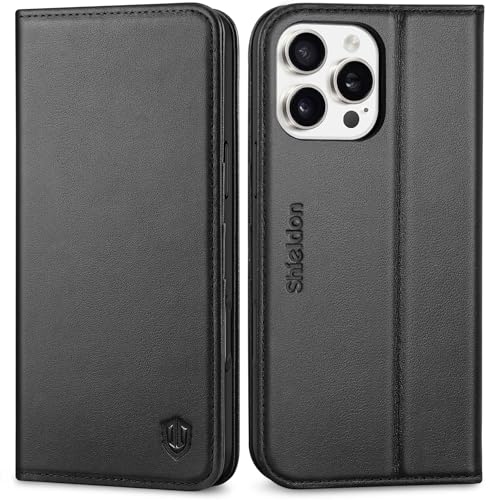 SHIELDON Genuine Leather Wallet Case for iPhone 16 Pro Max 6.9" 2024, Black | Flip Magnetic Cover, Kickstand, RFID Blocking, 3 Credit Card Holder, Book Design, Shockproof, Soft Inner Phone Case - color: Black