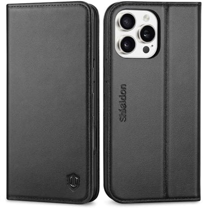 SHIELDON Genuine Leather Wallet Case for iPhone 16 Pro Max 6.9" 2024, Black | Flip Magnetic Cover, Kickstand, RFID Blocking, 3 Credit Card Holder, Book Design, Shockproof, Soft Inner Phone Case - color: Black