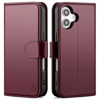 Compatible with iPhone 16 Genuine Leather Case Wallet with Card Holder,Women Men Real Leather Flip Folio RFID Blocking Credit Card Slots Kickstand Phone Cover,for Apple 16 6.1",Wine Red - color: Wine Red, size: iPhone 16 - 6.1"