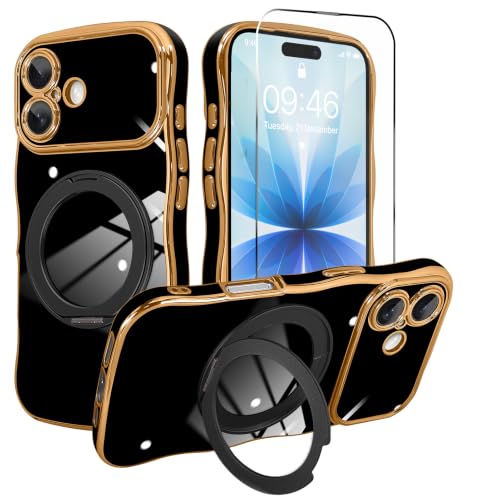 tharlet for iPhone 17 Case Black with 360° Spin Magnetic Stand | Cute Luxury Plating Gold Curly Wave Edge, [Compatible with Magsafe] Full Camera Lens Protection ,Women Girl daily matching - color: Black Curly Edge, size: iPhone 17