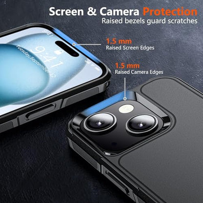 for Apple Recommend Shockproof iPhone 15 Case,[15 FT Military Grade Drop Protection],with 2X [Kevlar® 9H Glass Screen Protector] Air Bumpers Full-Body Protective Case (Black, iPhone 15) - color: Black