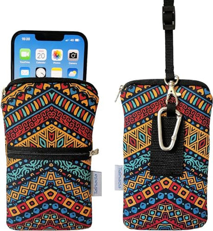 Tainada Dual Zipper Neck Phone Holder Pouch w/Belt Loop (Folk Style 1) | For Men/Women; Water-resistant neoprene material, shockproof, lightweight, w/carabiner; Compatible with most of smartphones - color: Folk Style 1