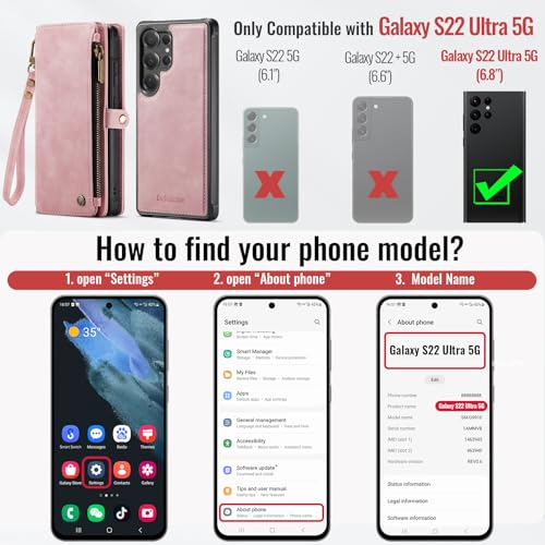 Defencase for Galaxy S22 Ultra Case Wallet Compatible with Magsafe, Pink | Magnetic Detachable, RFID Bolcking Card Holder, Zipper Strap, PU Leather Drop-Proof Phone Cover for Samsung Galaxy S22 Ultra - color: (Detachable with Magsafe)-Pink