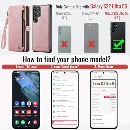 Defencase for Galaxy S22 Ultra Case Wallet Compatible with Magsafe, Pink | Magnetic Detachable, RFID Bolcking Card Holder, Zipper Strap, PU Leather Drop-Proof Phone Cover for Samsung Galaxy S22 Ultra - color: (Detachable with Magsafe)-Pink
