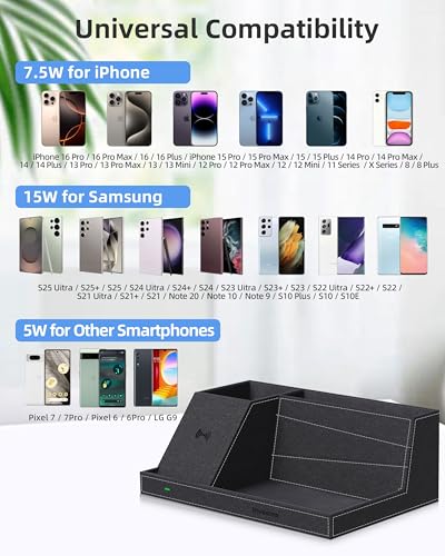 Wireless Charger with Desk Organizer, Fast Charging Station - color: Black-Cross Pattern