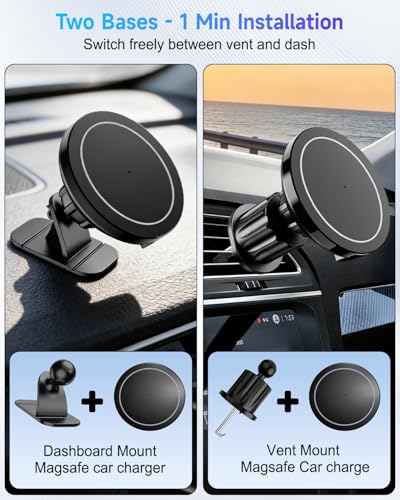 for MagSafe Car Mount Charger 15W Fast Magnetic Wireless Car Charger Holder - color: Black with Dashboard