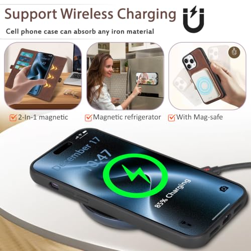 for Wallet Case Compatible with iPhone 15 Pro Max,Multi-Function Detachable 2 in 1 Magnetic iPhone 15 Pro Max Case Wallet,Flip Strap Zipper Card Holder Phone Case with Shoulder Straps(Brown) - color: Brown, size: iPhone 15 pro max