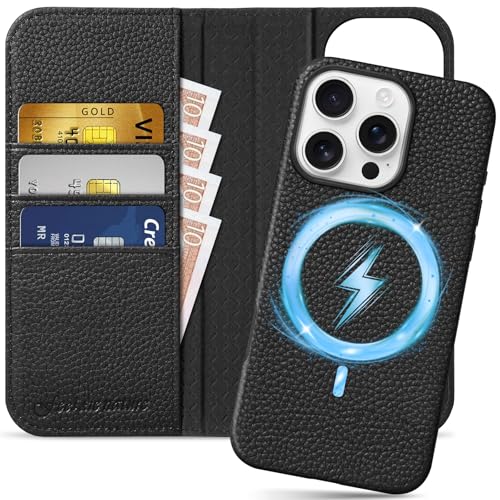 SHIELDON 2 in 1 Leather Wallet Case for iPhone 16 Pro 6.3", Pebbled Black | Genuine Leather, Wireless Charging, Detachable, Kickstand, Magnetic Closure, RFID Blocking, Credit Card Slot, Folio Cover - color: Pebbled Black, size: for iPhone 16 Pro