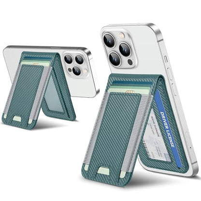for MagSafe Wallet with Adjustable Stand, 9 Card Holder, Open ID Window - color: Green Carbon Fiber