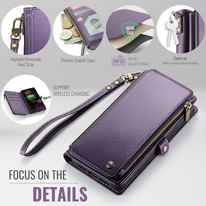 Defencase for Samsung Galaxy S25 Ultra Wallet Case with Card Holder, Purple | with RFID Blocking Zipper Pocket, Durable PU Leather, Wrist Strap, S25 Ultra Flip Phone Cases Cover with Stand for Women Men - color: Aesthetic Purple