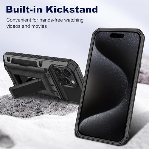 SAMONPOW for iPhone 15 Pro Case with Card Holder [4 Cards] &Kickstand Black - size: for iPhone 15 Pro