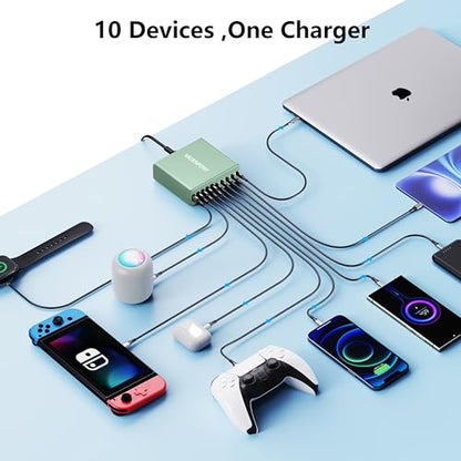 320W USB C Charger Block, MGRNPONY 10-Port GaN USB C Charging Station Green - color: Green