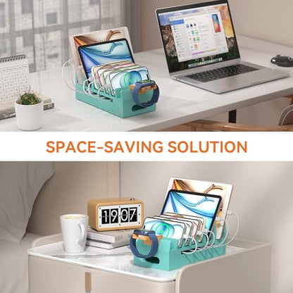 Bamboo Charging Station with 5 Port Charger HUB & 5 Cables-Teal - color: Teal