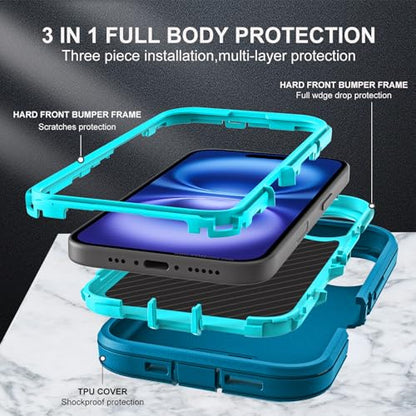 YKHJKLEC for iPhone 16 Case, Compatible with Magsafe, Military Grade 3 in 1 Heavy Duty Shockproof/Drop Proof/Dust Proof Case with 2Pcs Tempered Glass Screen Protector (New-Blue/Turquoise) - color: New-Blue/Turquoise