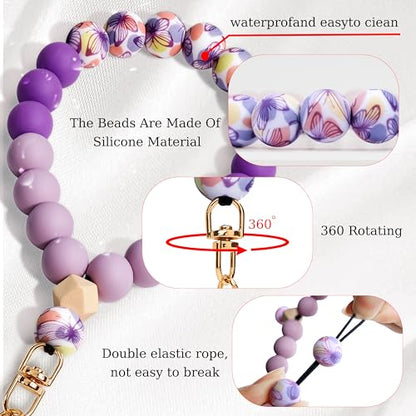Silicone Beaded Phone Wrist Strap for Women, Elastic Wristlet - color: Purple