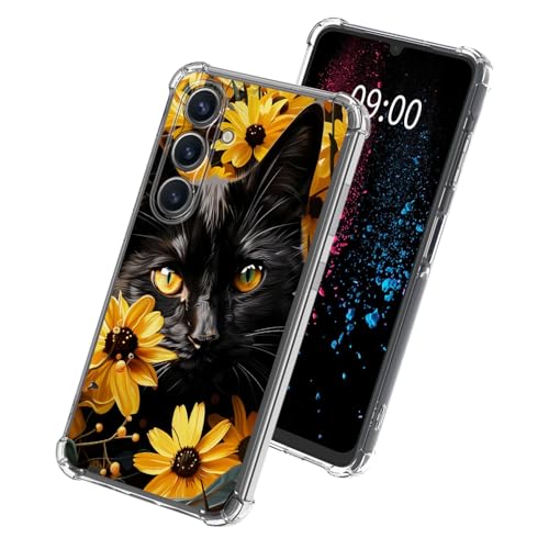 Black Cat Sunflowers Phone Case for Samsung Galaxy S24, Clear Soft TPU Case with Shockproof Corners Slim Transparent Protective Cover for Galaxy S24 - color: Black Cat Sunflowers, size: 6.2" Galaxy S24