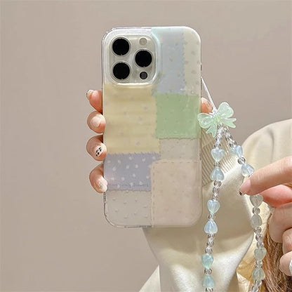 for iPhone 15 pro max Case, Pastel Patchwork Phone Cover with Crystal Heart Beaded Strap & Bow Charm, Cute Kawaii Clear Protective Case for Women Girls(Lanyard+Phone case, iphone15promax) - size: iphone15promax